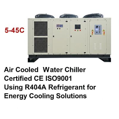 परिवेश तापमान रेंज 5-45C हवा से ठंडा वाटर चिलर CE ISO9001 प्रमाणित ऊर्जा शीतलन समाधानों के लिए R404A रेफ्रिजरेंट का उपयोग करना